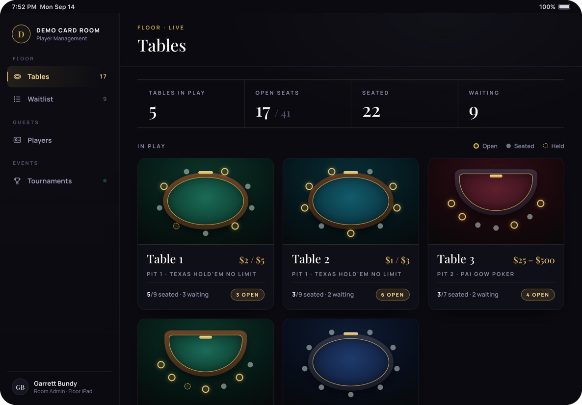 Card Room Pro floor overview on iPad